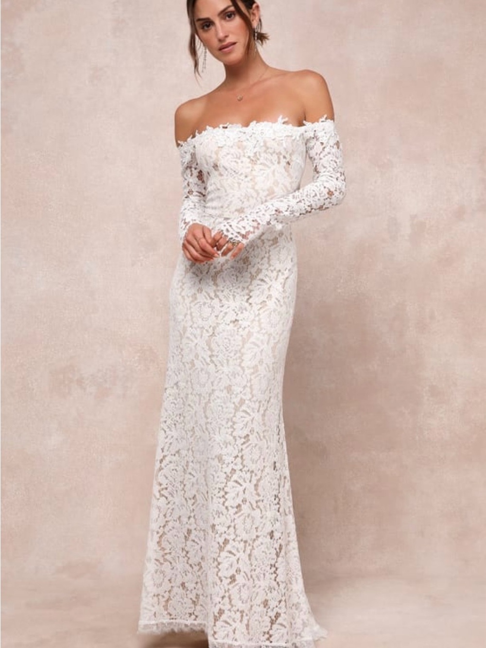 Lulu's Off-Shoulder White Lace Wedding Gown